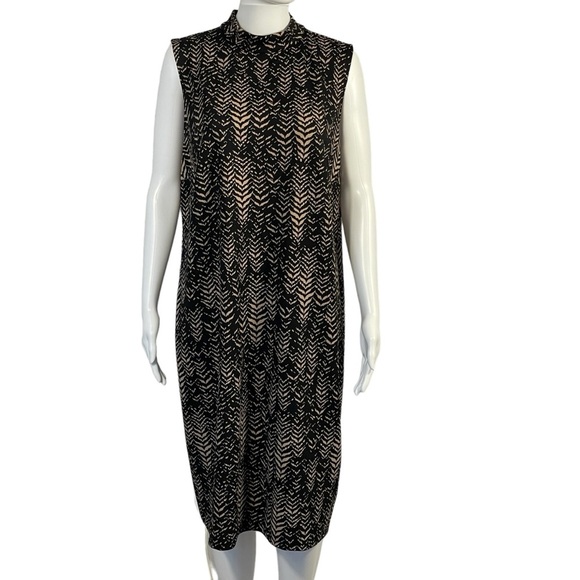 Vince Camuto Sz 1X Black Tan Leaf Pattern Sleeveless Mock Neck Stretch Dress - Picture 1 of 9